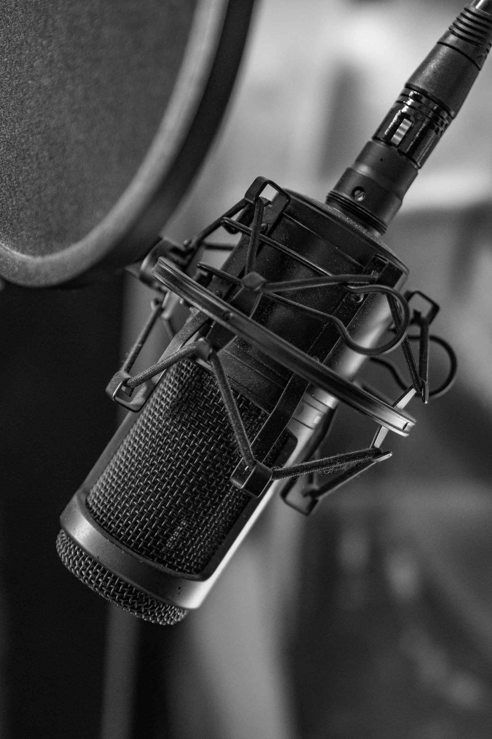 Black and white image of a condenser microphone in a studio setting, ideal for recording professionals.