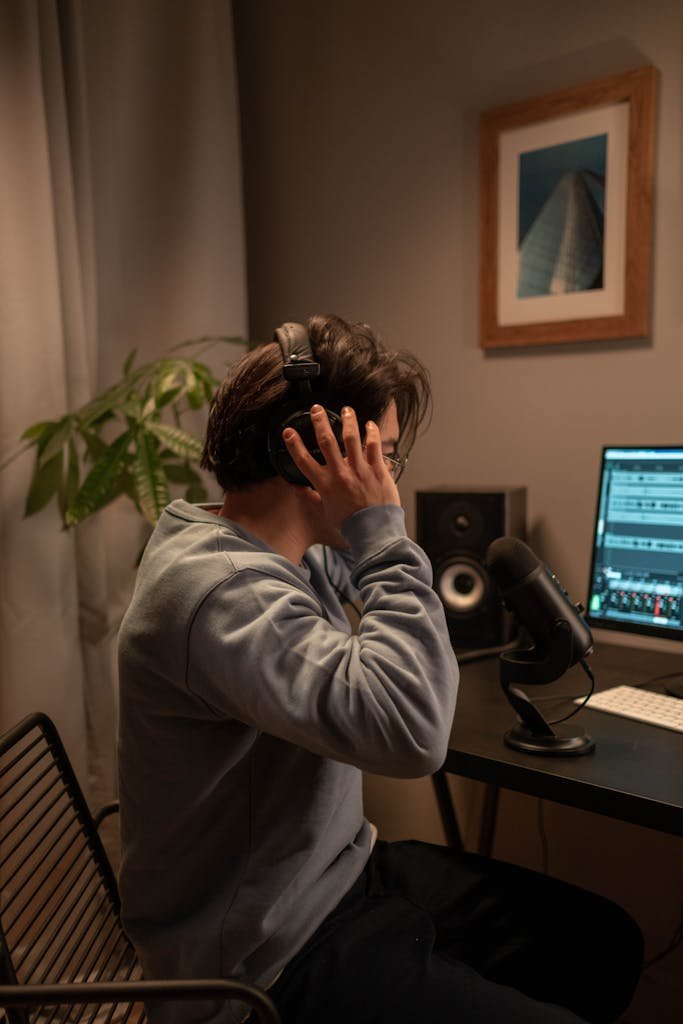 Young man adjusting headphones in a modern home recording studio setup.